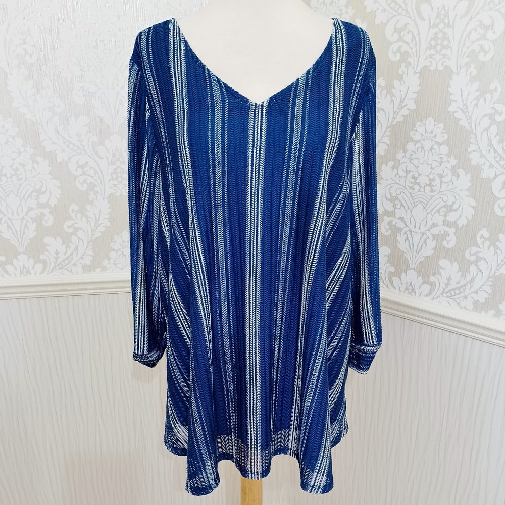 Roz & Ali Blue and White Striped V-Neck Tunic Top